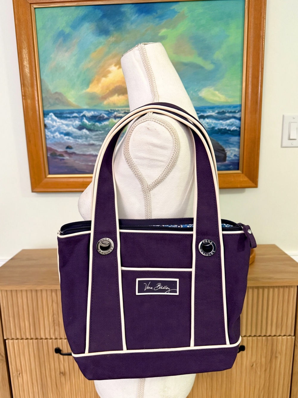 Vera Bradley Navy Canvas Tote with White Trim